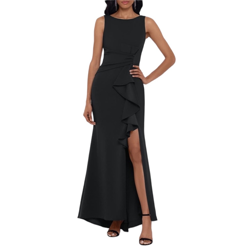 Betsy & Adam Ruffle Bow Trumpet Gown evening dress size 6 Black
